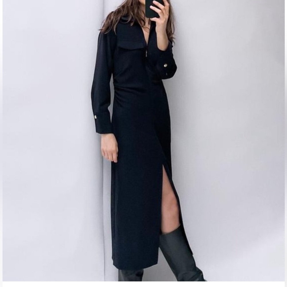 Zara Black Long Sleeve Shirt Dress with Front Slit - Picture 1 of 7